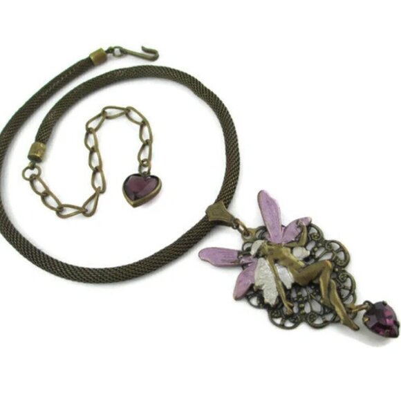 Banana Bob Jewelry - Vintage Banana Bob Art deco Fairy pink Swarovski Crystal Heart Brass Necklace